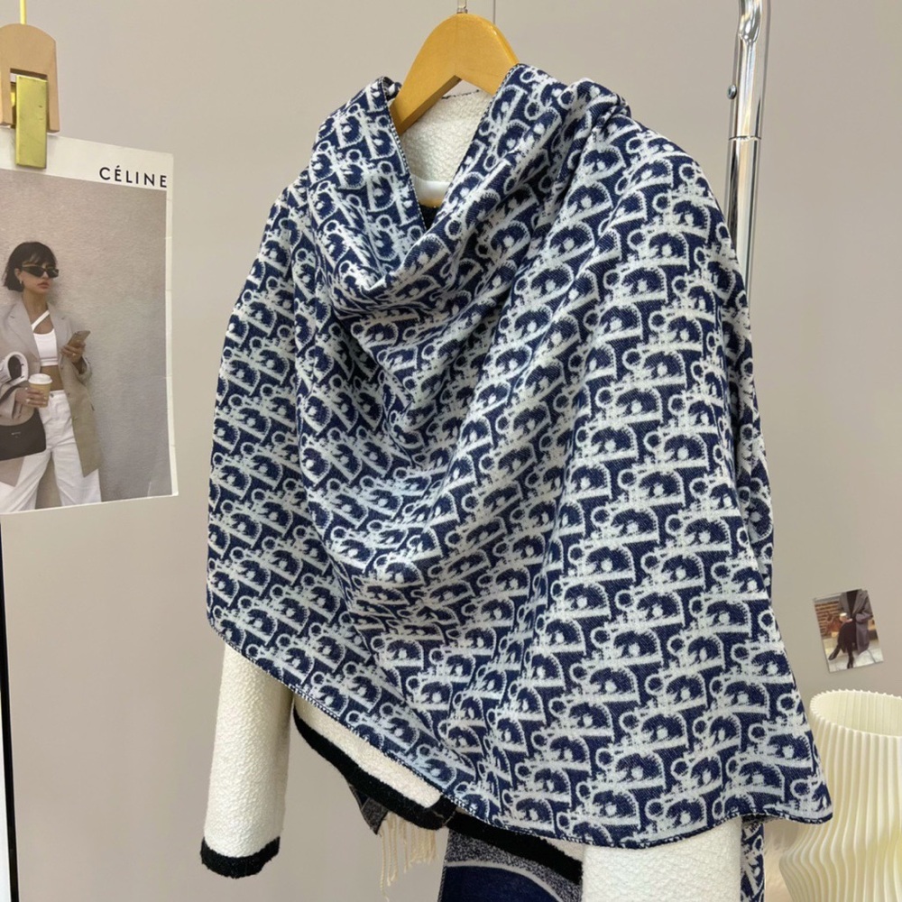 Dior Navy & White Monogram Fringe Scarf Throw - Picture 5 of 6